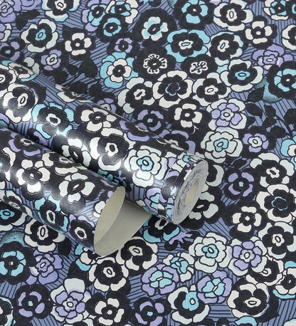 Raval Sky Blue, Black & White Floral Design Wallpaper 341503