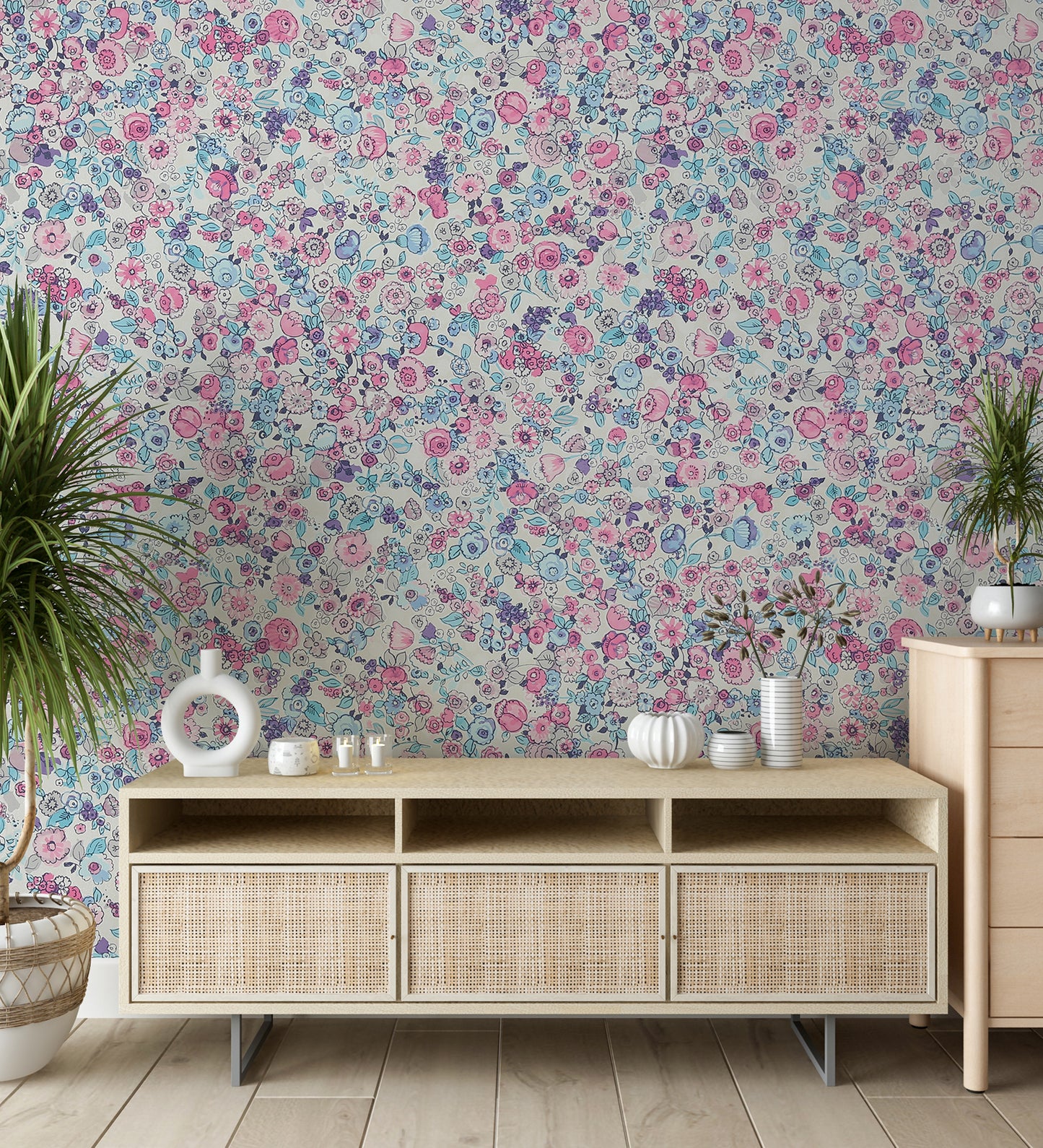 Raval Sky Blue, Pink & White Floral Design  Wallpaper 341532